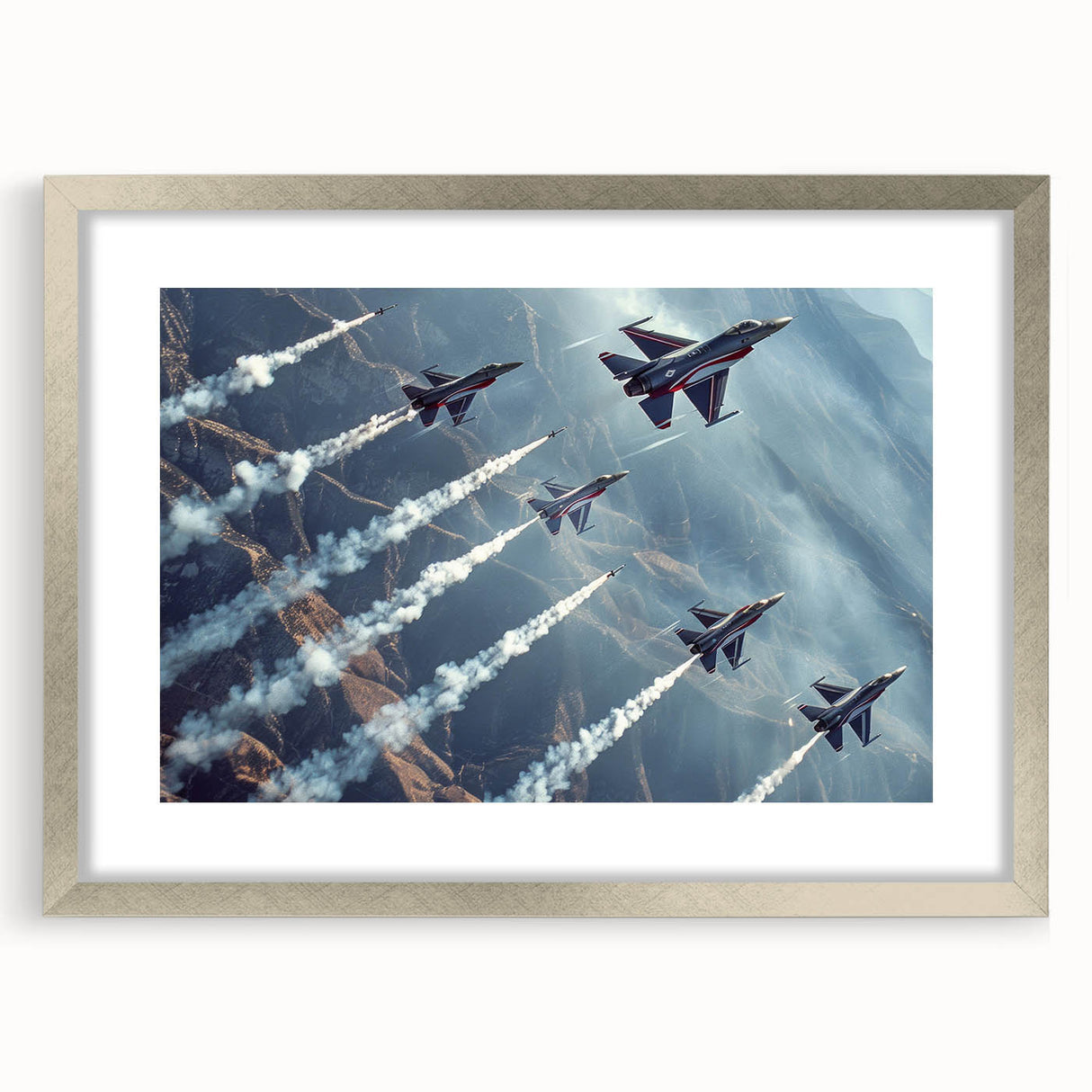 Abstract art print of airplanes in muted gray and blue tones, framed in silver.