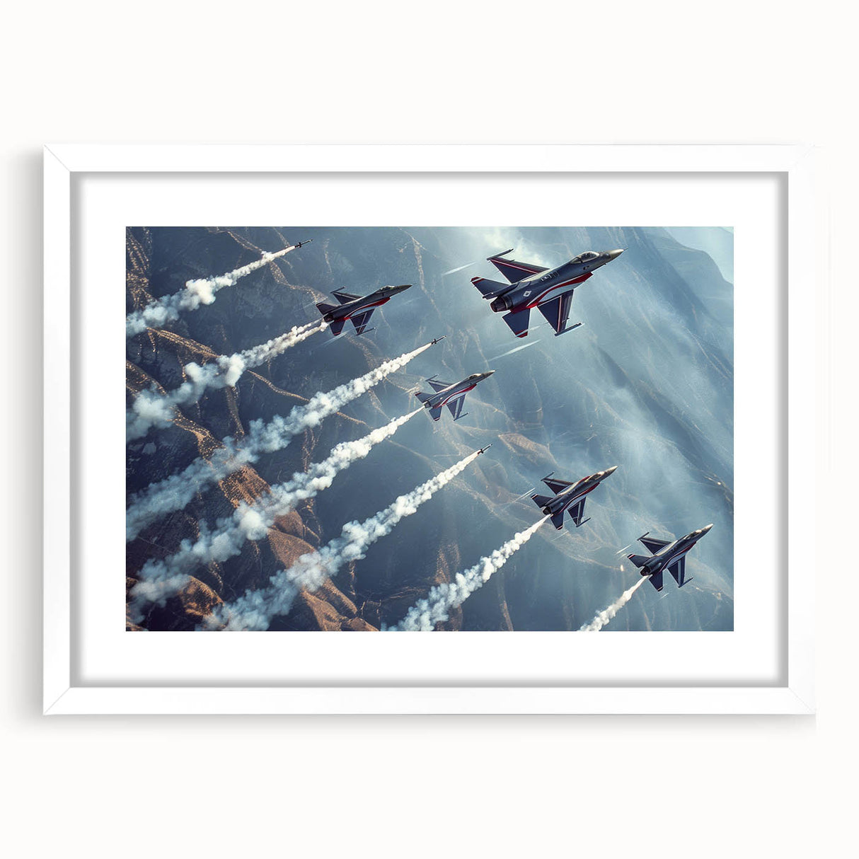 Extra large abstract art print of airplanes in muted gray and blue tones on a white framed canvas.