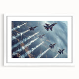 Extra large abstract art print of airplanes in muted gray and blue tones on a white framed canvas.