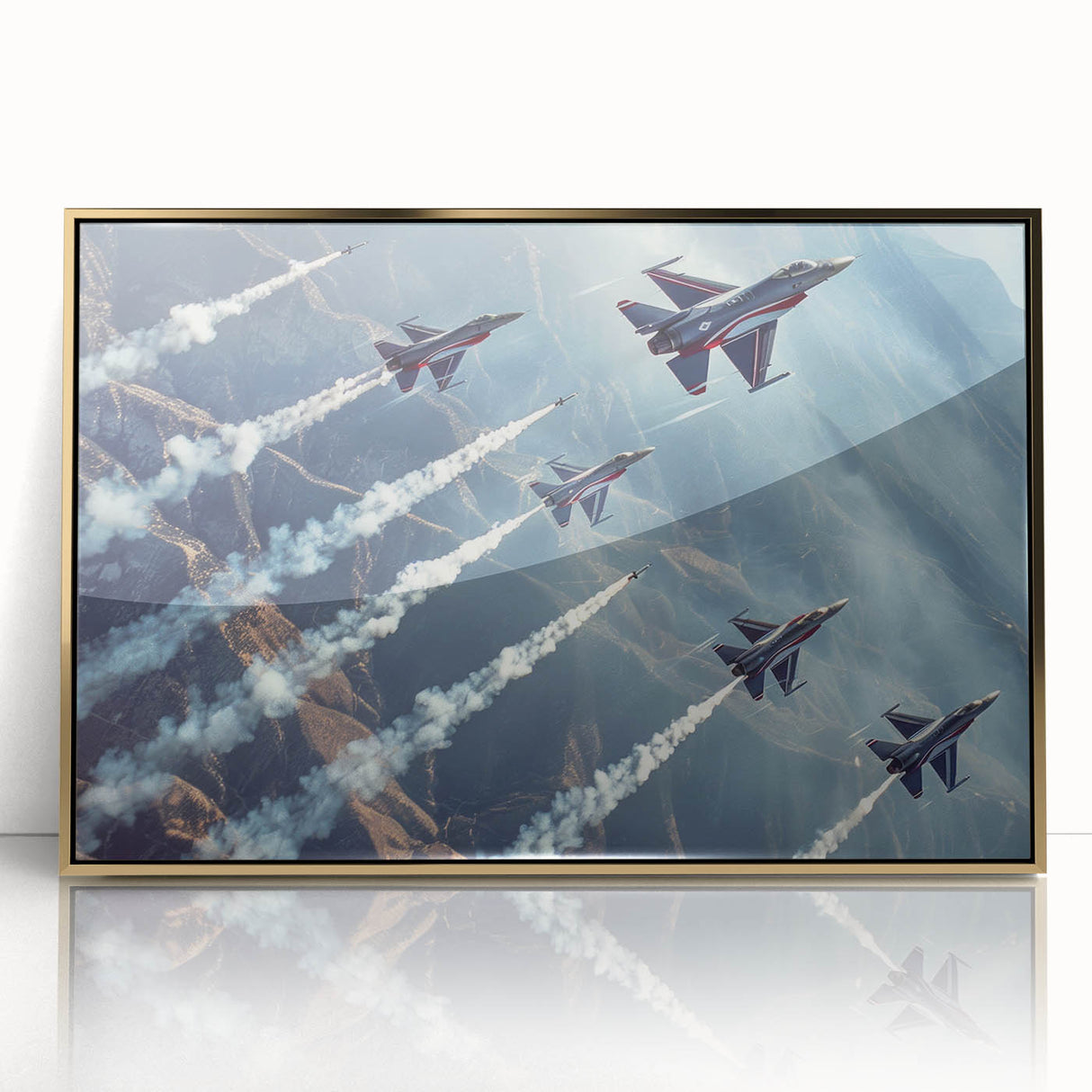 Large abstract wall art featuring a mid-century modernist airplane design in gold and black hues on framed acrylic.