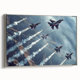 Vintage poster art of a silver airplane on a black background, framed canvas, ideal for living room decor.