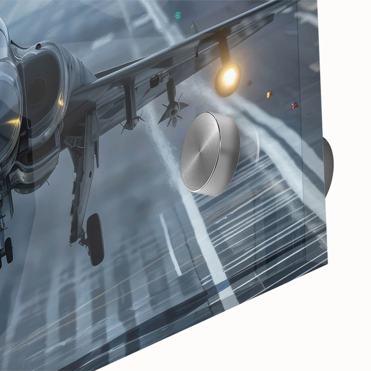 Acrylic glass print of a large abstract airplane design in muted gray and blue tones, ideal for bedroom or dining room art.