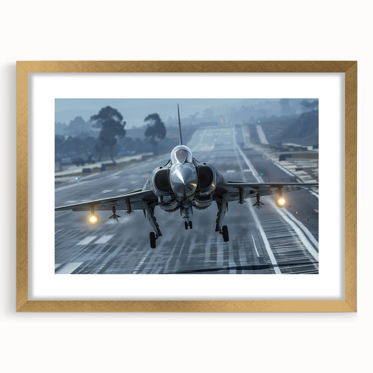 Textured art print of abstract airplanes in gray tones, framed in gold, suitable for bedroom decor.