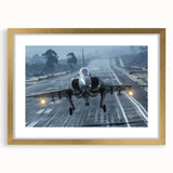 Textured art print of abstract airplanes in gray tones, framed in gold, suitable for bedroom decor.