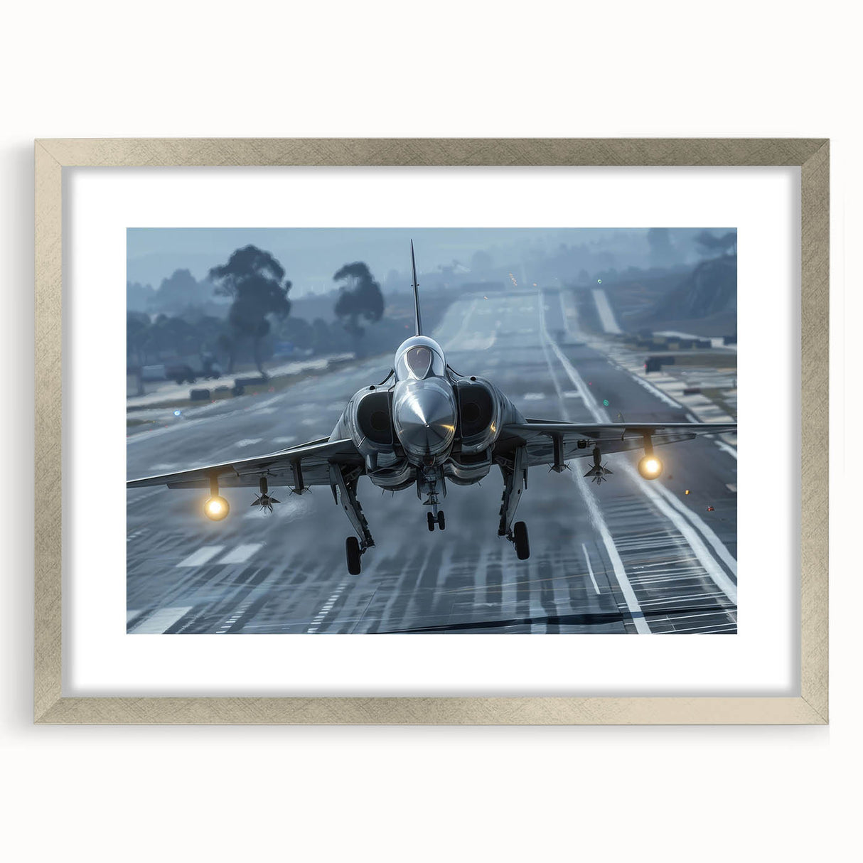 Abstract art print of an airplane in silver and gray tones on a framed canvas, suitable for dining room or bedroom.