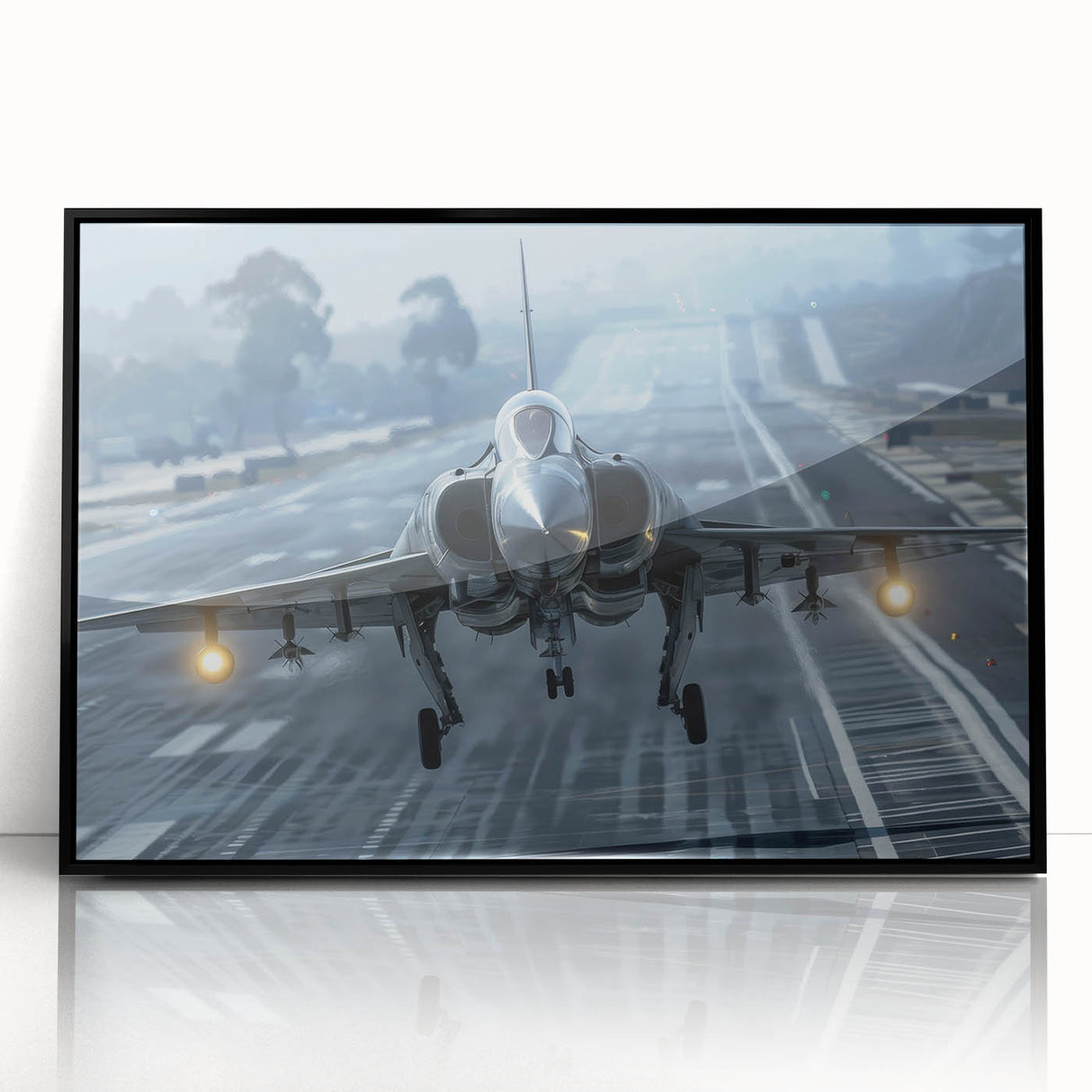Large abstract wall art of an airplane in mid-century modernist style, framed in black acrylic.