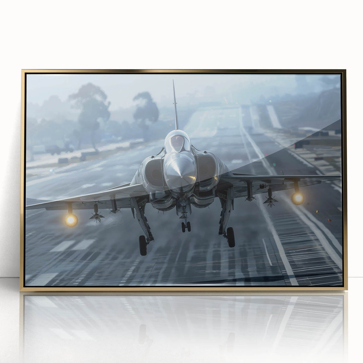 Large abstract wall art featuring a mid-century modernist airplane design in gold tones on framed acrylic.