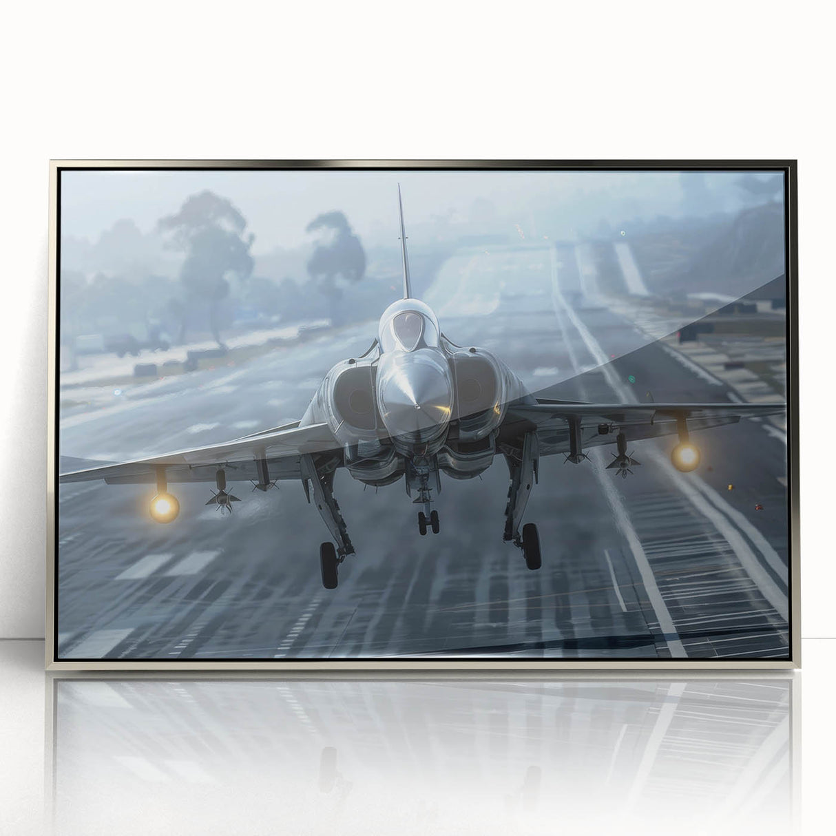 Mid-century modernist airplane illustration in muted gray and blue tones on framed acrylic, suitable for nursery wall art.
