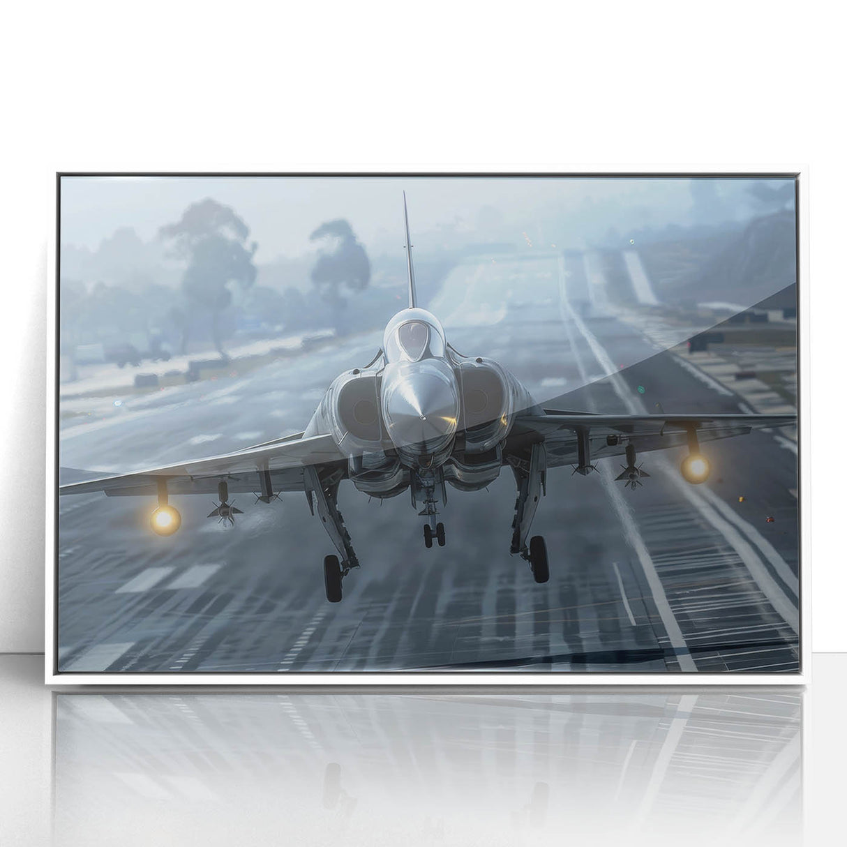 Mid-century modernist art of an airplane, in muted gray and blue tones on a white acrylic print.