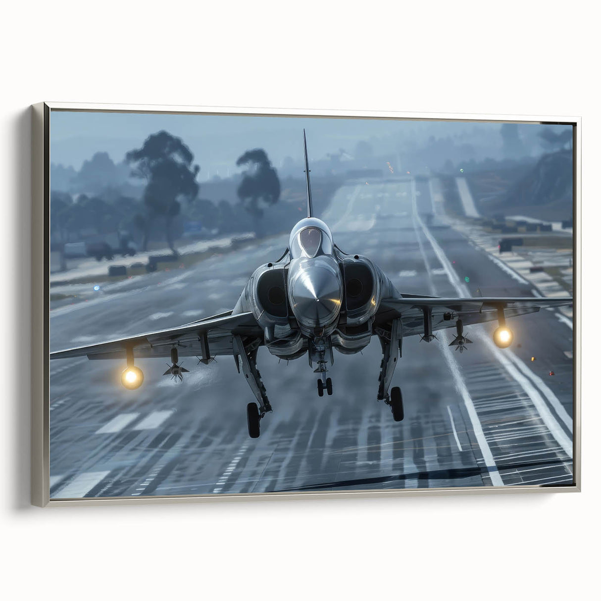 Vintage poster art of a classic airplane in grayscale on a silver framed canvas, ideal for living room decor.