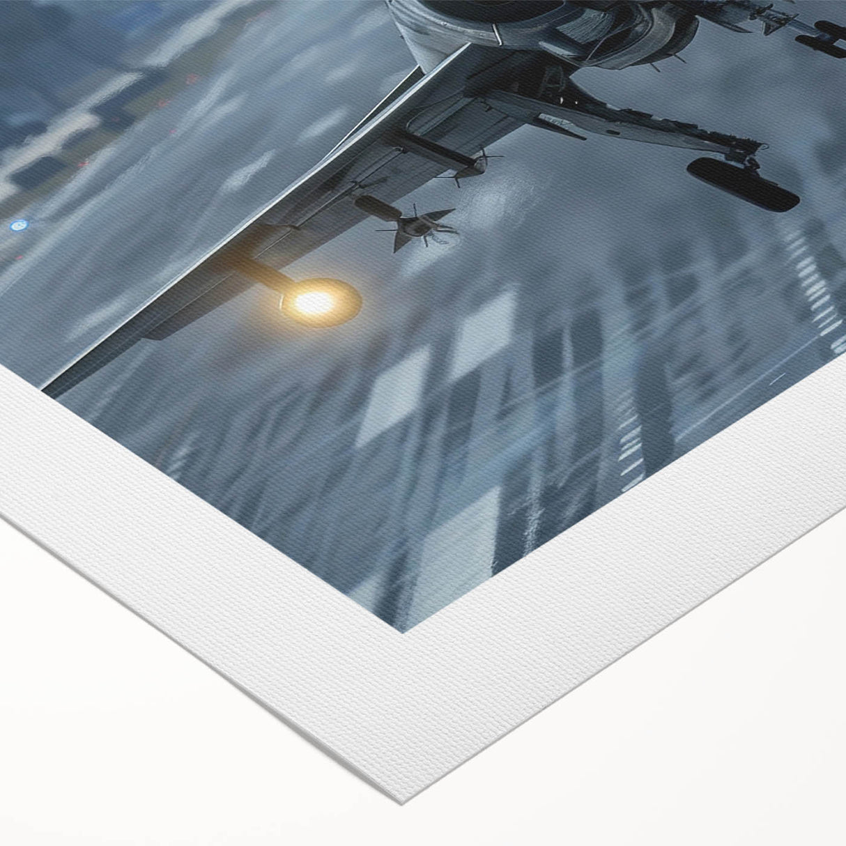 Art deco poster featuring a stylized airplane in muted silver and blue tones on rolled canvas.