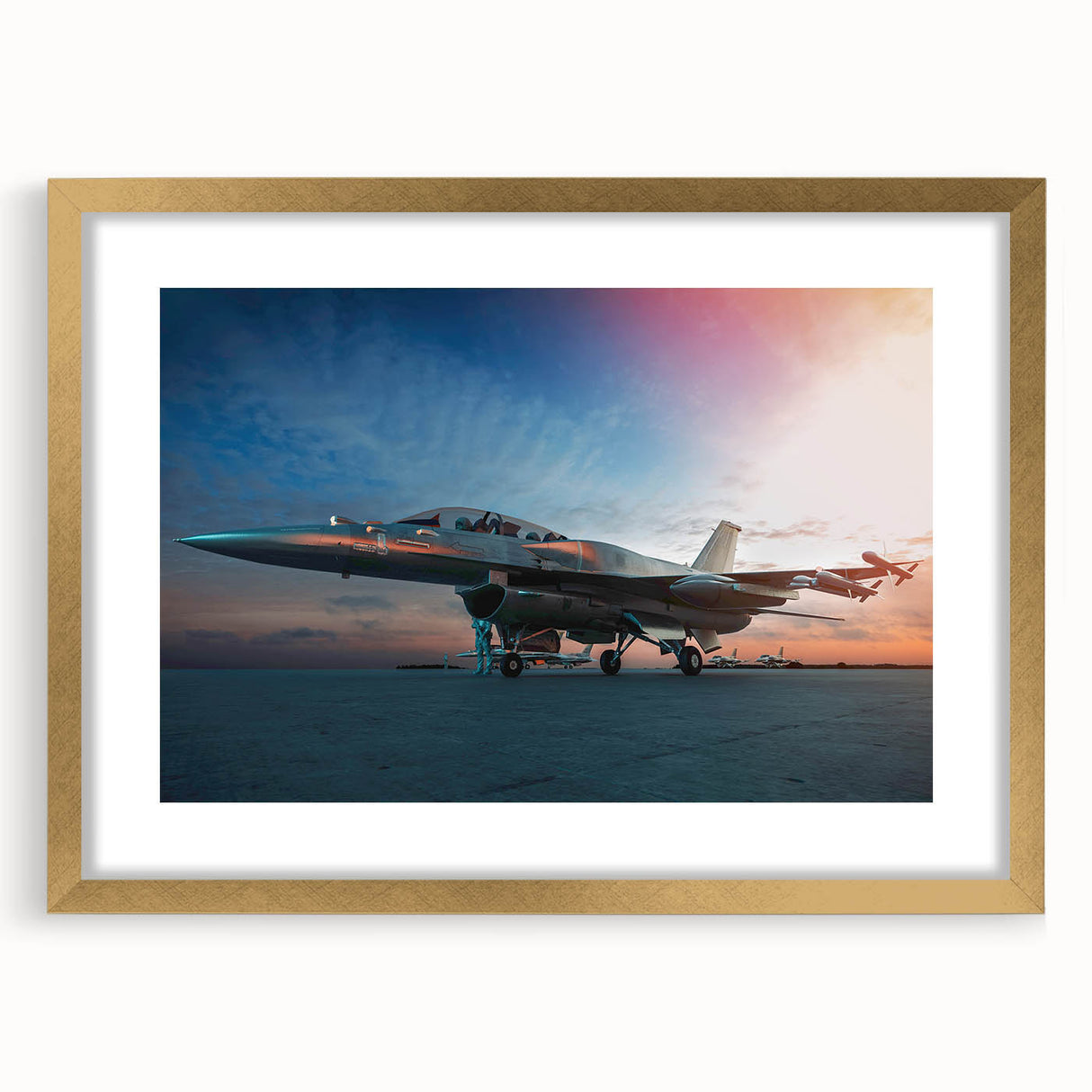 Textured art of an abstract airplane design in muted grays and blues on a framed gold canvas, ideal for bedroom ambiance.