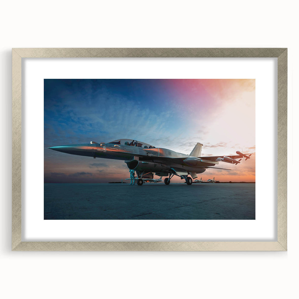 Abstract art print featuring a stylized airplane in muted gray and silver tones on a framed canvas.
