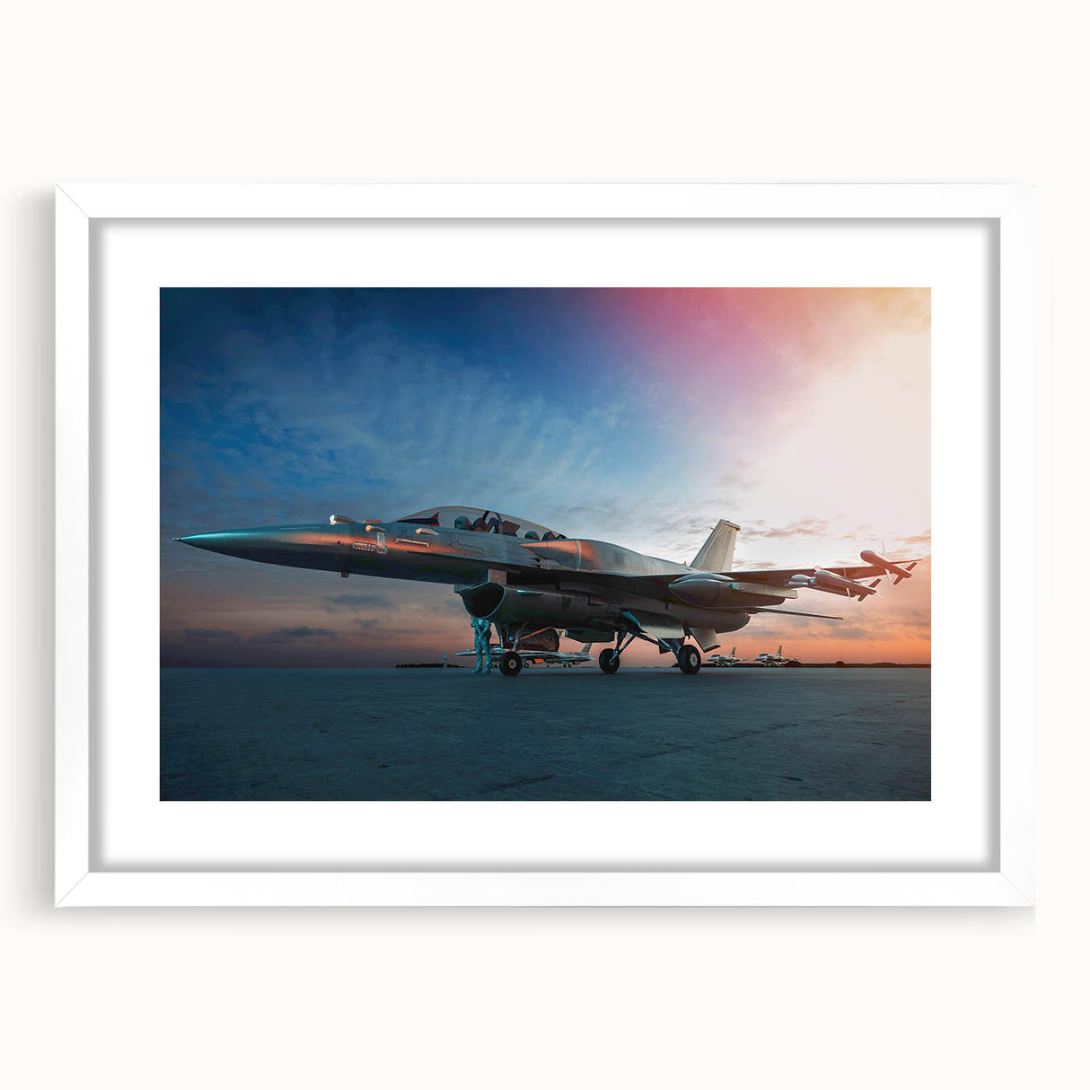 Extra large abstract art print of an airplane in textured gray and blue tones on a white framed canvas.