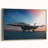 Vintage poster art of a gold airplane on black background, framed canvas, ideal for living room decor.