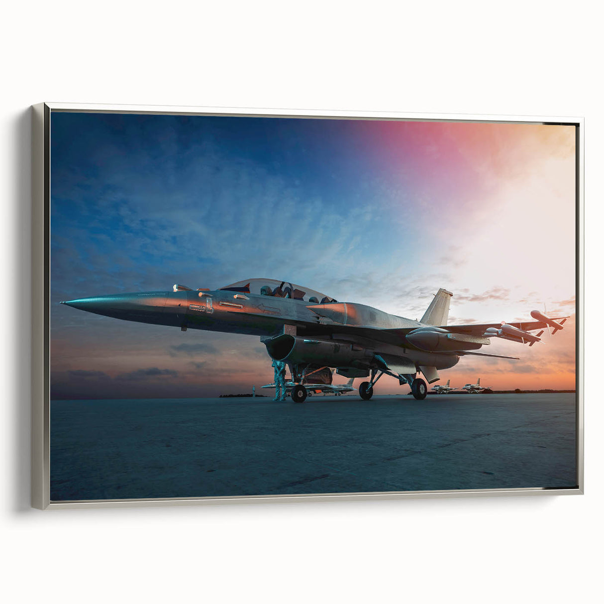 Framed canvas depicting a vintage airplane in black with colorful accents, ideal for office or study decor.