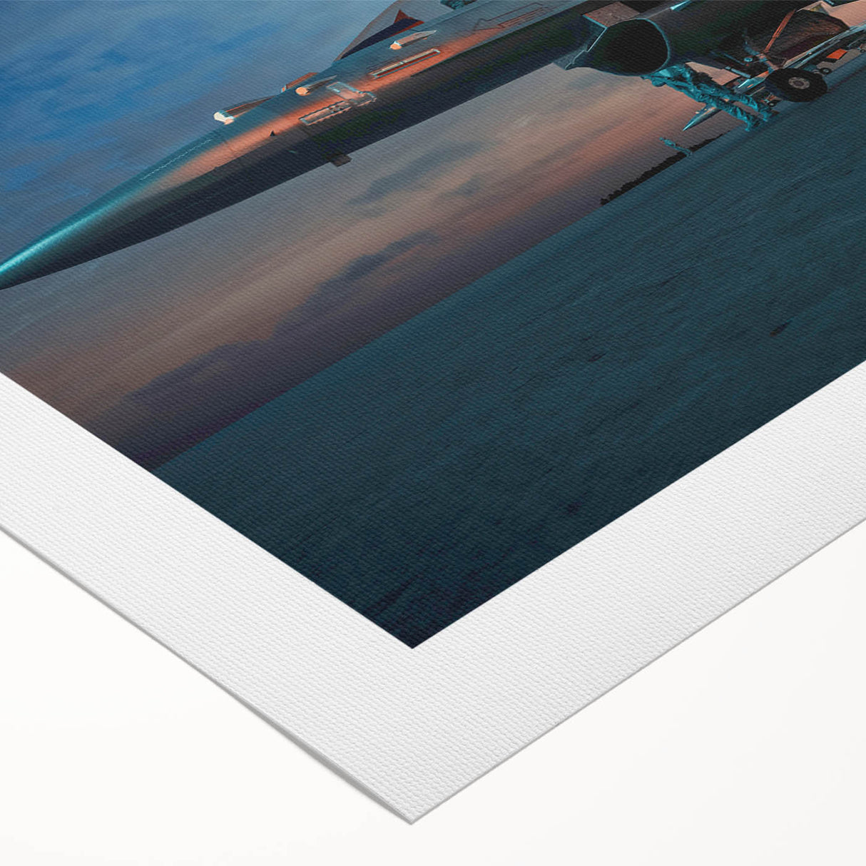 Art deco poster featuring a vintage airplane in muted gold and navy tones on rolled canvas, suitable for dining room decor.
