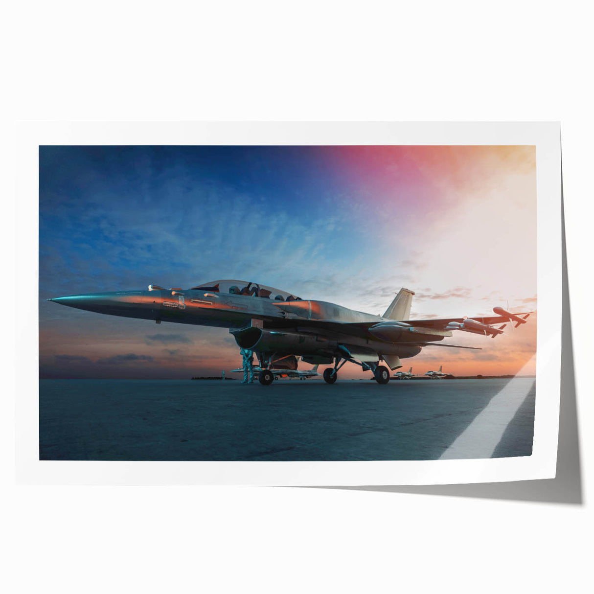 Art Deco poster featuring a vintage airplane in muted blue and silver tones on rolled print, suitable for dining room decor.