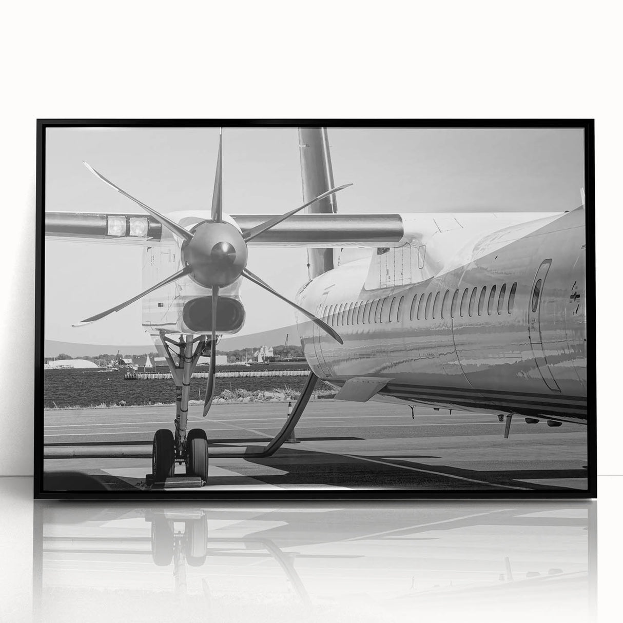 Mid-century modernist large abstract wall art featuring colorful airplanes, acrylic print in black frame.