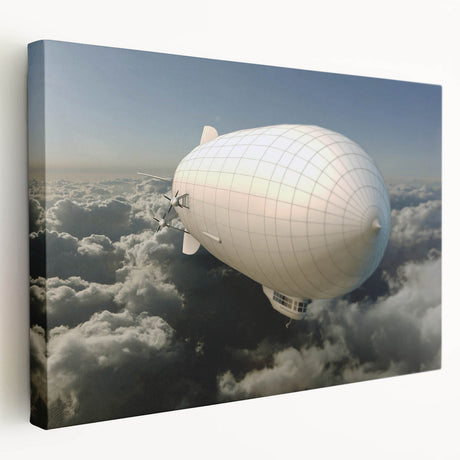 Vintage airship illustration in muted sepia tones on stretched canvas, ideal for kitchen wall art.