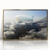 Mid-century modernist airship illustration in muted gold and white tones, framed acrylic print, ideal for nursery wall decor.