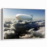 Framed canvas depicting a vintage airship in a colorful landscape, ideal for adding character to a study or office.