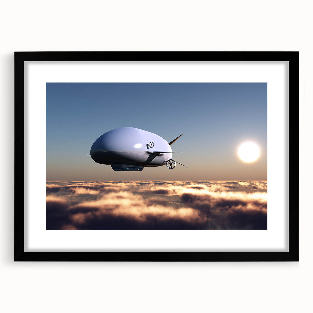 Extra large abstract art print of a colorful airship, textured design on a black framed canvas, ideal for living room decor.