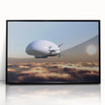 Large abstract wall art with mid-century modernist airship design in black and white tones, framed acrylic.