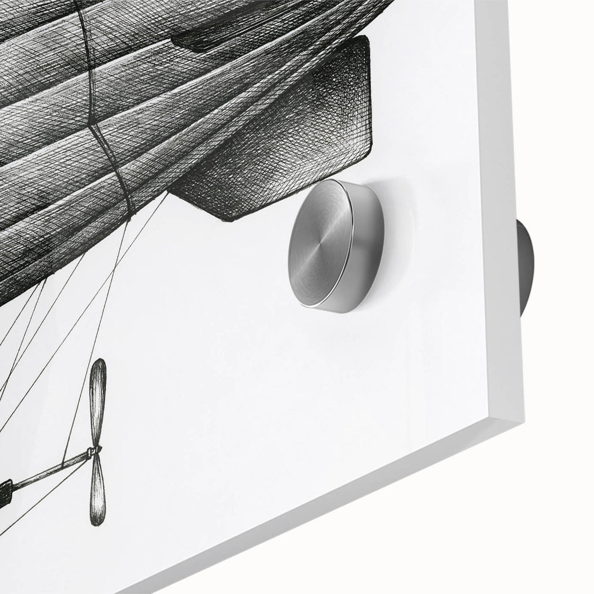 Large abstract airship design in muted gray and blue tones on acrylic glass.