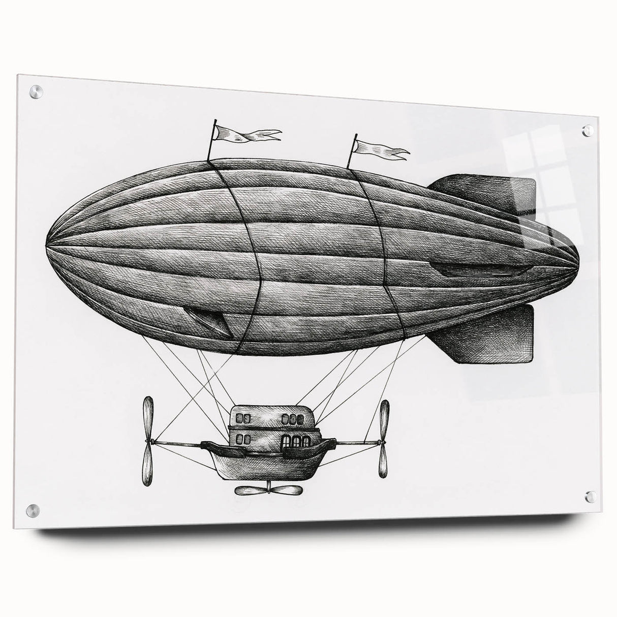 Large abstract airship design in muted grays and blues on acrylic glass, ideal for bedroom or dining room art.