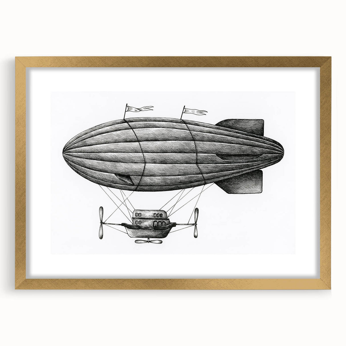 Abstract art print of an airship in muted gray and gold tones on a framed canvas, suitable for bedroom or dining room decor.