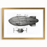 Abstract art print of an airship in muted gray and gold tones on a framed canvas, suitable for bedroom or dining room decor.