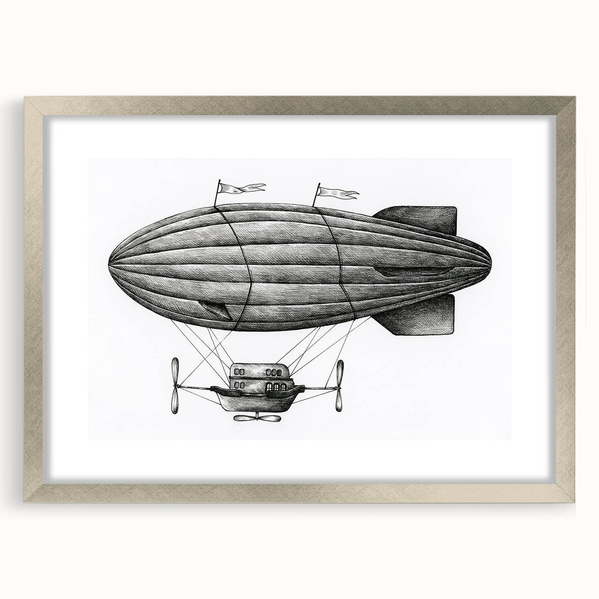 Textured art print of an abstract airship in grayscale tones on a framed silver mat, suitable for bedroom decor.
