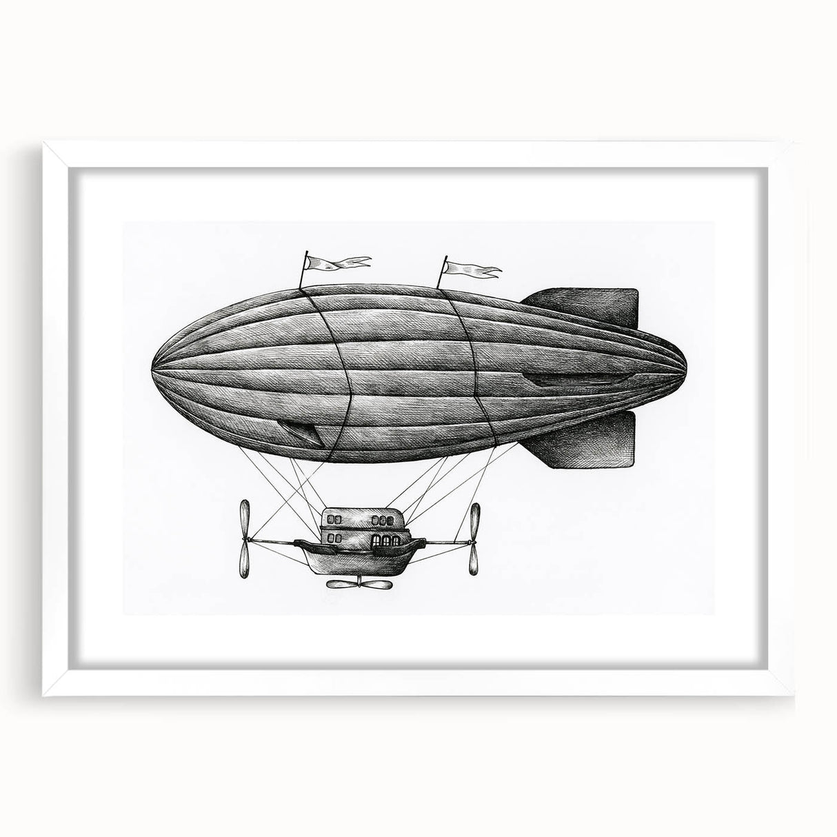 Extra large wall art featuring a textured abstract airship design in muted grays and whites, framed with a white mat.