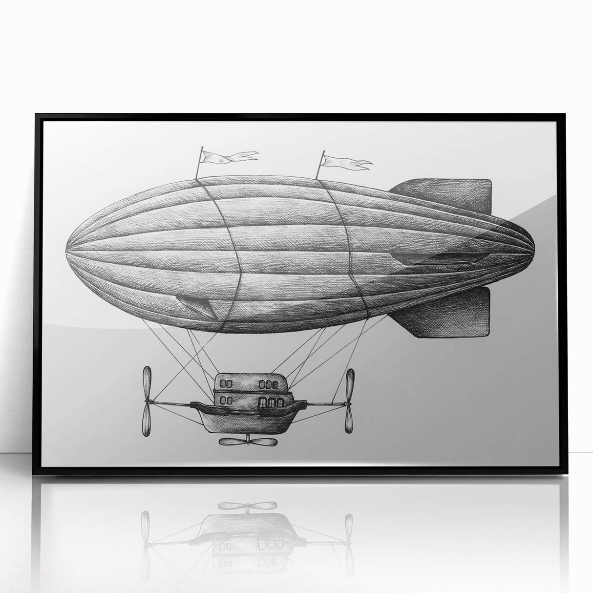 Large abstract wall art featuring a mid-century modernist airship in muted gray and blue tones, framed in black acrylic.
