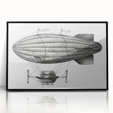 Large abstract wall art featuring a mid-century modernist airship in muted gray and blue tones, framed in black acrylic.