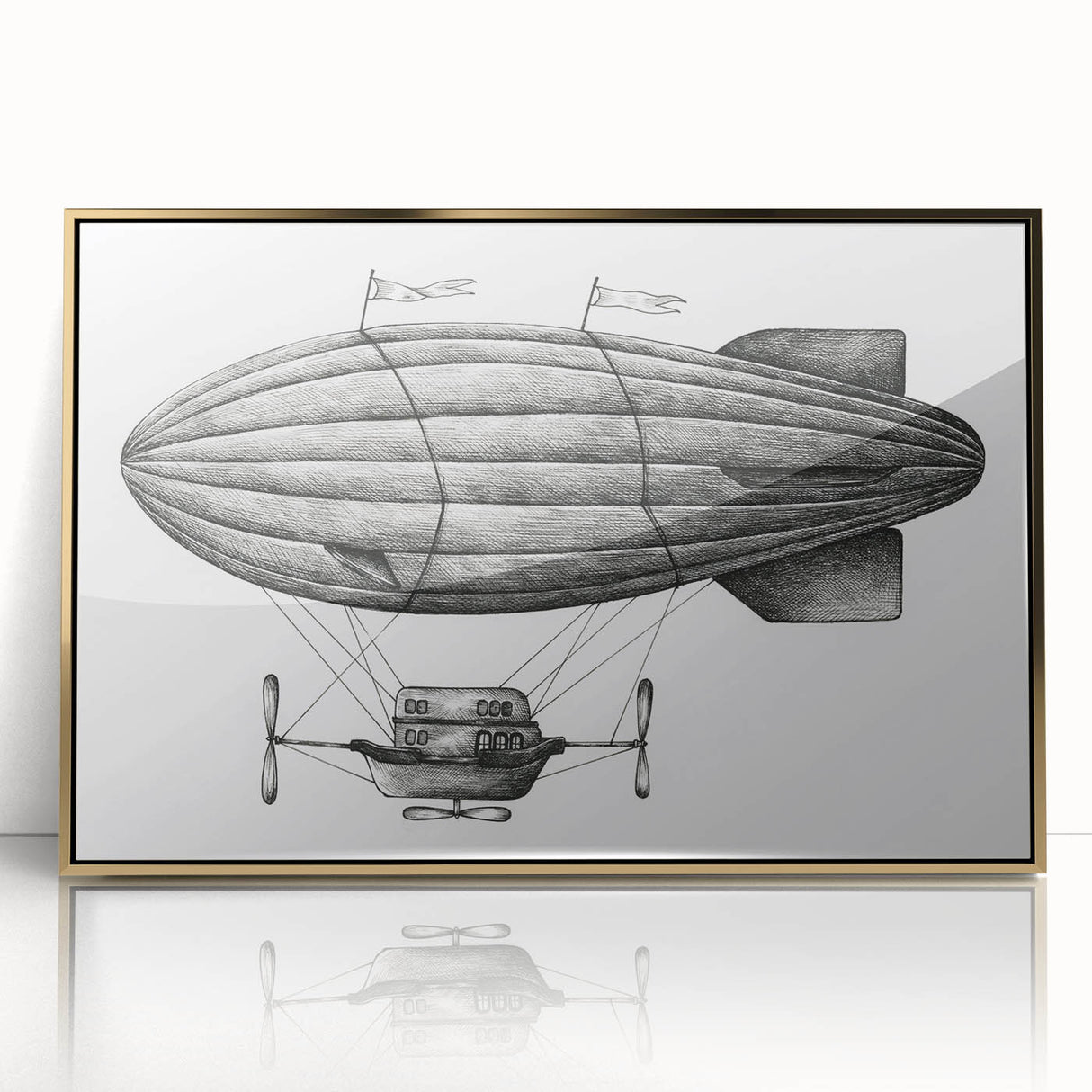 Art deco airship poster in gold frame, featuring muted gray and blue tones, ideal for nursery wall art.
