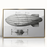 Art deco airship poster in gold frame, featuring muted gray and blue tones, ideal for nursery wall art.