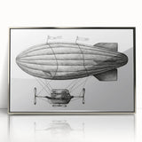 Mid-century modernist airship depicted in muted gray and blue tones on a large framed acrylic print.