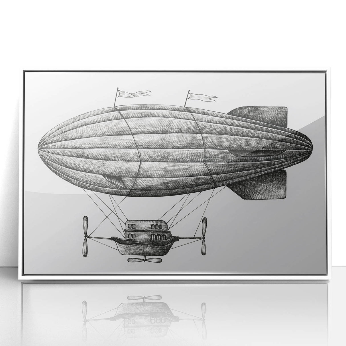 Mid-century modernist airship illustration in muted gray and blue tones, framed acrylic, ideal for nursery wall art.