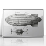 Mid-century modernist airship illustration in muted gray and blue tones, framed acrylic, ideal for nursery wall art.