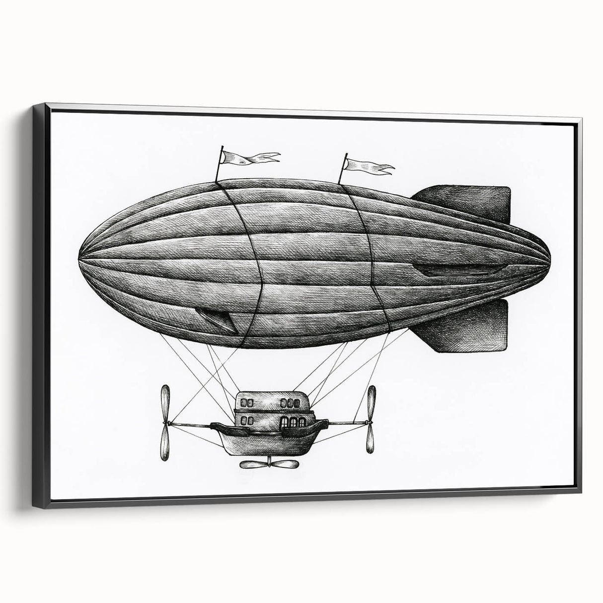 Black and white framed canvas featuring a vintage airship design, suitable for bedroom wall decor.