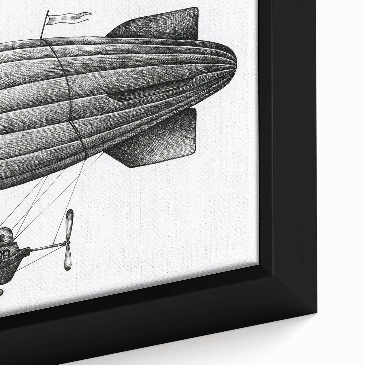 Extra large framed canvas featuring a black airship design with colorful, textured accents, ideal for living room decor.