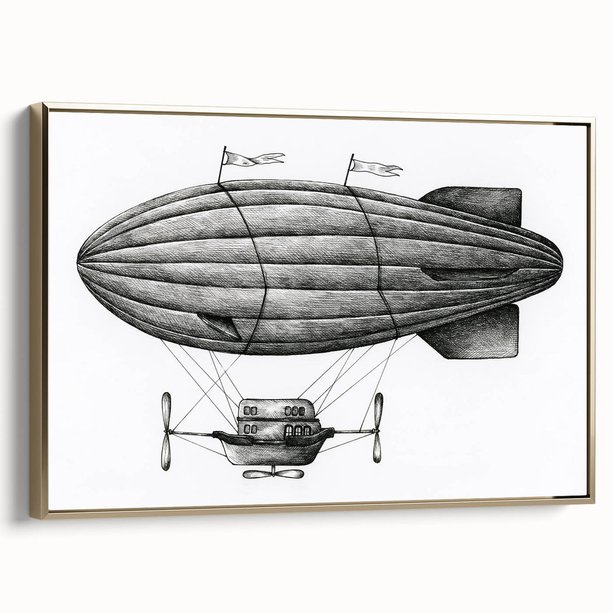 Vintage poster art of an airship in colorful hues on a black background, framed canvas, suitable for living room decor.