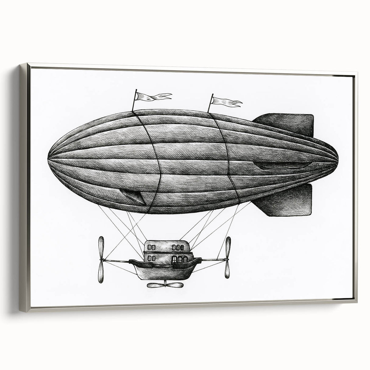 Vintage poster art of a black airship in a silver frame, ideal for bedroom wall decor.