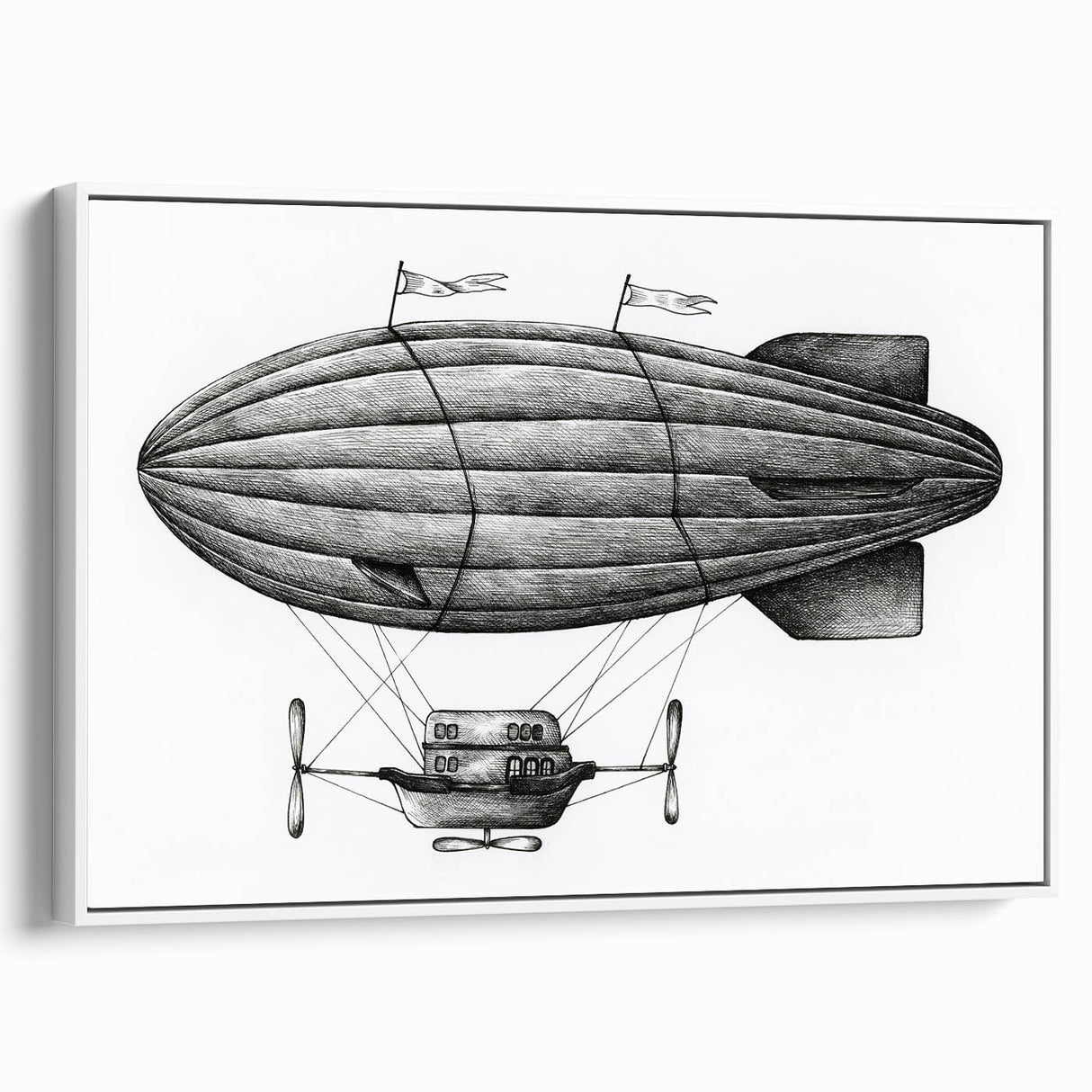 Framed canvas depicting a vintage airship in a colorful landscape, ideal for adding character to a study or office.
