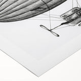 Art deco poster of an airship in muted gray tones on a rolled canvas, suited for dining room wall decor.