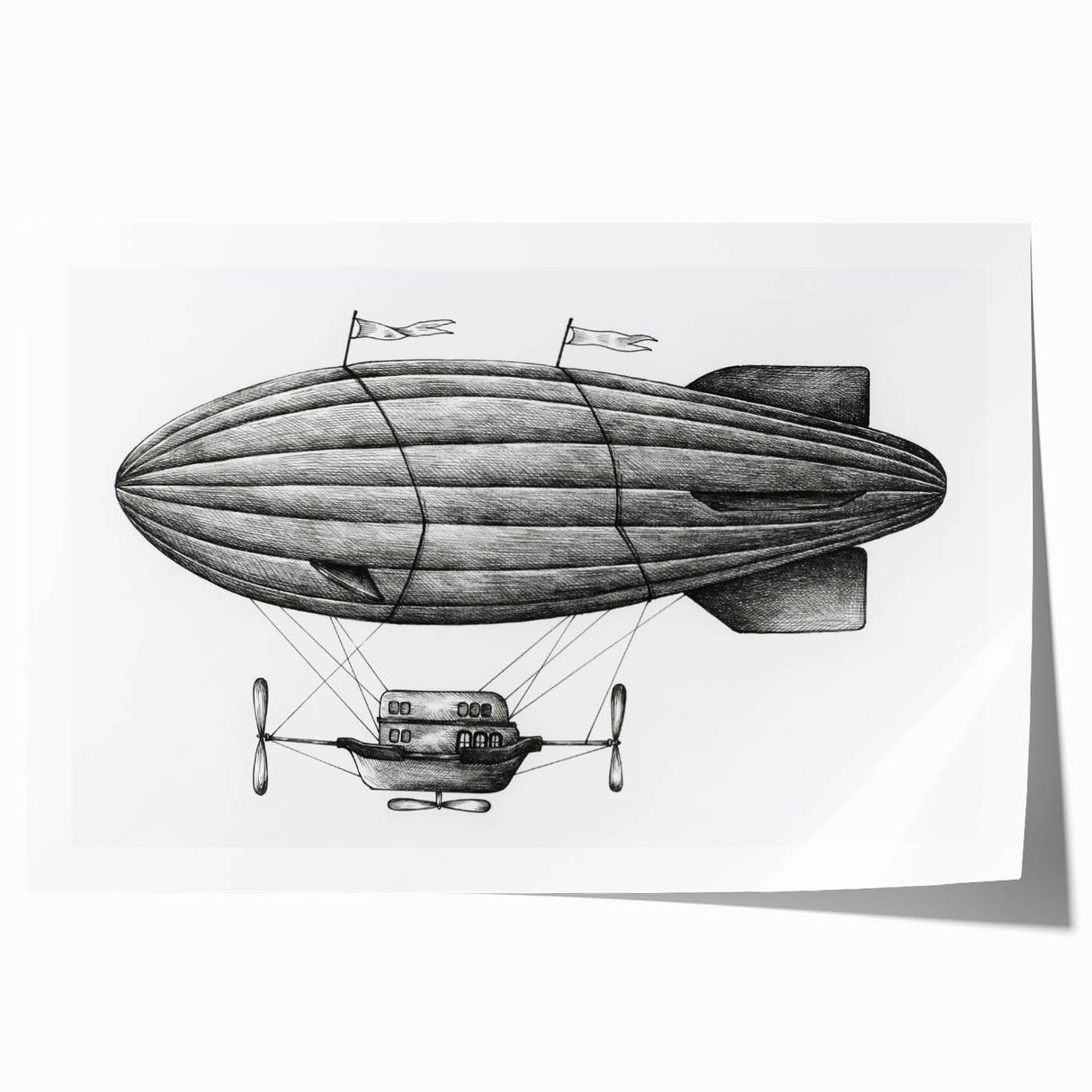 Vintage airship illustration in muted sepia tones on extra large rolled canvas, ideal for dining room wall art.