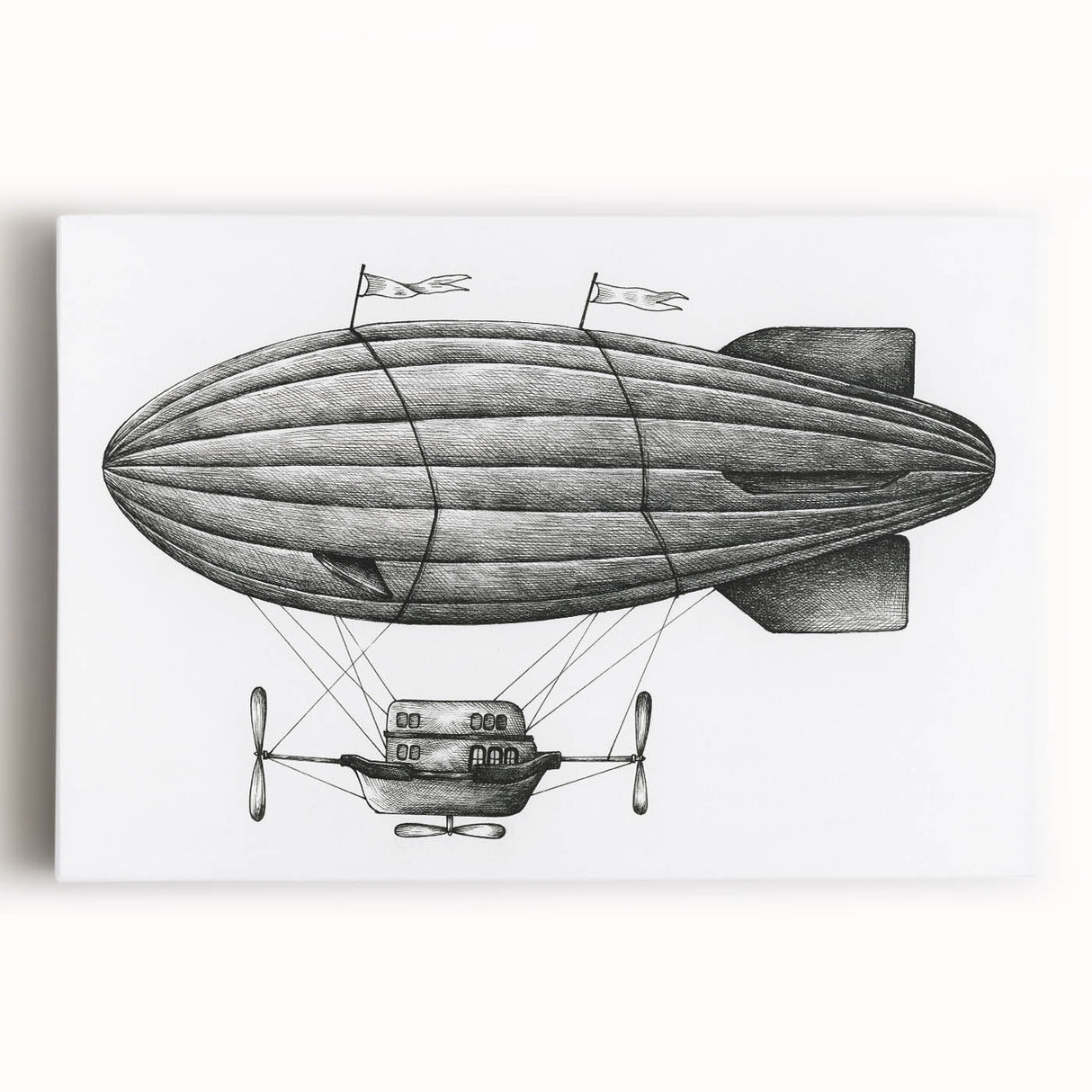 Black and white illustration of an airship on stretched canvas, suitable for kitchen wall art.