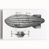 Black and white illustration of an airship on stretched canvas, suitable for kitchen wall art.